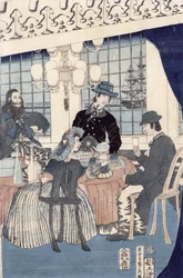 Salon domu kupców zagranicznych w Jokohamie, 1861 (kolorowy drzeworyt)